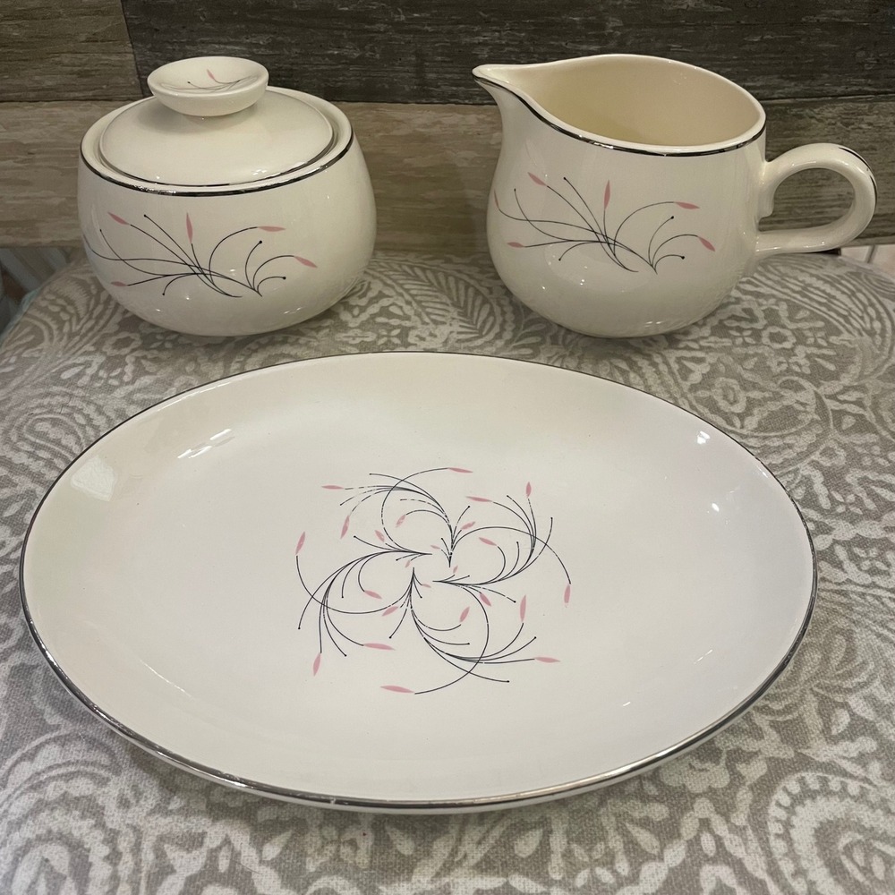 VINTAGE Homer Laughlin Rhythm Serving Set Creamer,Sugar Bowl,Platter Pink Atomic